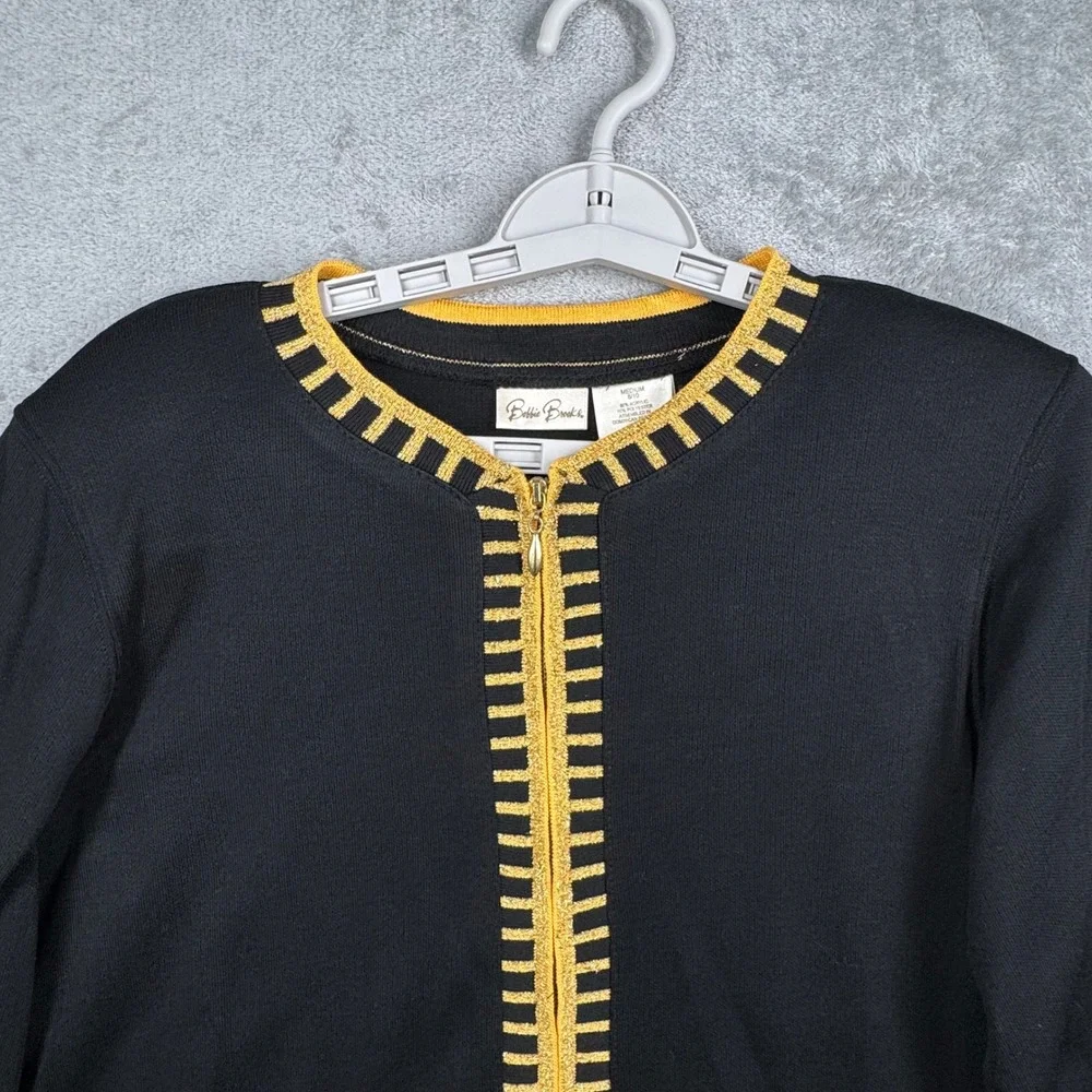 Bobbie Brooks‎ Cardigan Black Gold Full Zip Top M Sparkle Shimmer Glam Statement